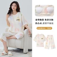 Big Size M-5XL Summer Women Pajamas Set With Chest Pad Ladies Knited Cotton Sleepwear Female Leisure