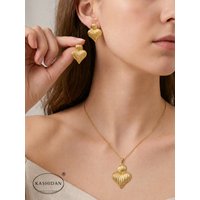 Fashion Stainless Steel Jewelry Set for Women Retro Door Knocker Pendant Necklace Ribbed Shield Heart Stud Earrings
