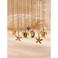 Colorful Starfish Sea Turtle Necklace For Women Gold Color Stainless Steel Turtle Necklace Wedding Christmas Boho Jewelry Gift