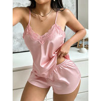 V Neck Sexy Lace Patchwork Women's Pajama Set Comfortable and Elegant Solid Color Halter Shorts Sleepwear 2 Piece Set for Women