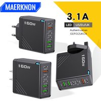 160W Multi Ports USB Charger Type C Fast Charging EU/US Plug Wall Charger For iPhone Samsung Xiaomi Huawei Phone Charger Adapter