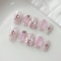 10pcs Medium Square Pink Glitter 3D Bow Rhinestone Daily Press On Nails, Gift For Women, Nail Art, Fake Nails, Handmade Nails