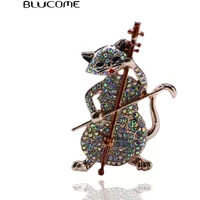 Blucome Cat Playing The Violin Shape Brooches for Women Girls Simulated Zircons Gold Color Jewelry Pins