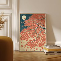 Japanese Maple Autumn Poster Red Blue Wall Art Moonlit Landscape Illustration Print Elegant Nature Home Decor Japan Vintage Art