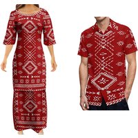 Samoan Puletasi Polynesian Tattoo Pattern Women Dresses lady Design Dress Matching Men's Short-Sleeved Shirts Couple Suit