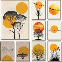 Thousands of Birds with Sun Poster Yellow Trees Canvas Painting Abstract Landscape Print Wall Art for Living Room Home Decor