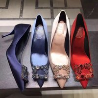 2025 New Water Diamond Square Buckle Single Shoes Women's Pointed Toe Thin Heel Silk Velvet High Heels mid Heel Bride Shoes