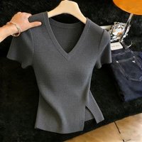 2026 V-Neck Knitted Sweater Women Pullovers New Summer Slit Short Sleeve Knit Sweater Pullover Women Tops Sueters De Mujer Q3757