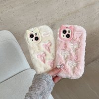 Soft Fluffy Plush bowknot Cat Ears 3D Pearl Phone Case For iPhone 14 15 16 Plus 13 Pro Max 11 12 Warm Winter Cover Embroidery