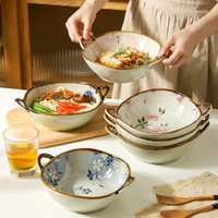 Floral Pattern Double Handle Bowls Japanese Style Tableware for Soup Salad Pasta Serving Bowls Kitchen Dining Decor