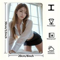 HD Tin Sign Asian Beauty in Sheer White Shirt & Black Mini Skirt Vintage Metal Wall Art Decor for Man Cave Home Bar