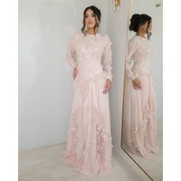 Customized High Quality Exquisite Chiffon Sequined Handmade Flower Prom Dresses Scoop Neck Long Sleeves A-line Evening Dresses