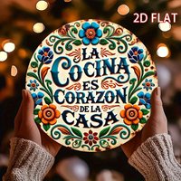 2D Flat, 1pc 2D Flat Printed Round Iron Decorative Sign, Spanish Kitchen Theme, Love Unites, Iron 20×20cm (8×8 inches), Perfect