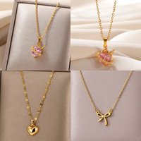 Pink Heart Zircon Necklace Gold Color Stainless Steel Cupid Eros Arrow Heart Pendant Necklace Korean Fashion Jewelry Party