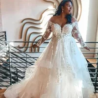 Plus Size A Line Wedding Dresses Off Shoulder Long Sleeves Appliqued Lace Ruched Tiered African Bridal Gowns Vestido De Novia
