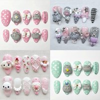 Kawaii Cream Chocolate Rilakkuma Press On Nails Cartoon Rabbit Cat Strawberry Bowknot 3D Doll Fake Nails Handmade Customization