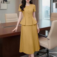 ZANZEA Elegant 2 Piece Outfits Women Short Sleeve Solid Top Tunic Long Skirts Summer Dress Sets Casual Office 2pcs Streetwear
