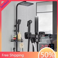White Gold Digital Display Bathroom Shower Set 12 Inch Rain Shower Head Brass Mixer Faucet Thermostatic Bathroom Shower System