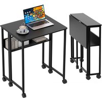 Small Folding Desk with Storage Shelf & Wheels, 80 cm Rolling Computer Desk for Small Space, Home Office Foldable Table