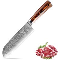 Japanese 7 Inch Santoku Knife 67-layer Damascus Steel Sharp with Colorful Wooden Handle, Kitchen Knife for Vegetables and Meat