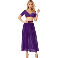 Women Indian Belly Dance Costume Halloween Arabian Princess Cosplay Bellydance Outfit Gold Trim Crop Top with Chiffon Long Skirt