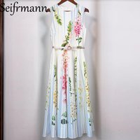 Seifrmann 2026 Spring Women's New Fashionable Round Neck Sleeveless Printed Cotton Belt Waist cinching Dress
