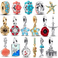 925 Sterling Silver Summer Ocean Blue Pave Clip & Blooming Peach Red Rose Blood Charm Fit Original Necklace Bracelet Jewelry