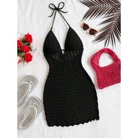 Women's V-Neck Strapless Dress, Hollow Out, Wooden Bead, Slim Fit, Gradient Color, Knitted, Sexy, Vacation Wear