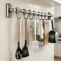 Kitchen No Drilling Hooks Hanging Rods Aluminum Material Row Hooks Wall Mounted Storage Racks Kitchen Utensil Organizer Shelf