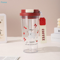♩Cute Cherry 580ML Student Double Straw Plastic Water Bottle Sports Portable Straw Cup Large Capacity Cup Gift