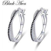 Black Awn Classic Silver Color Round Black Trendy Spinel Engagement Hoop Earrings for Women Jewelry Bijoux I209