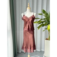 100% Silk Women Lace Patchwork Set V-Neck Sleeveless Camisole +Elastic Waist A-Line Knee-Length Skirt Elegant Ladies Suit