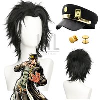 Anime JOJO Jotaro Kujo Cosplay Wig Black Short Synthetic Hair Hat Earrings For Women Men Halloween Costume Party Carnival Props