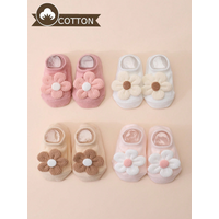 4 Pairs of Baby Girl's Cute Ladylike Flower Decorated Short Socks Solid Color Anti-Slip Bottom Boat Socks Four Seasons Versatile