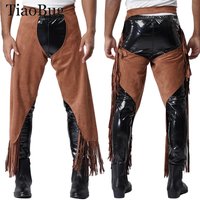 Men Western Cowboy Chaps Adjustable Buckles Split Fringed Suede Open Crotch Pants Motorcycle Biking Trousers Halloween Dress Up