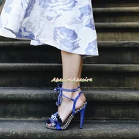 Women'S Blue Multi-Pompom High Heels Open Toe Stiletto Cross Strap Elegant Sandals Summer New Suede Tassel Formal Shoes Ladies
