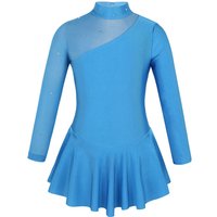 GirlsLong Sleeves Gymnastic Figure Ice Skating Dress Rhinestone Mesh Tulle Splice Leotard Dress Ballroom Ballet Dance Clothes