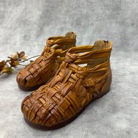 Birkuir Retro Handmade Weave Women Sandals High Top Genuine Leather Back Zippers Round Toe Sandals Closed Toe Ladies Sandals