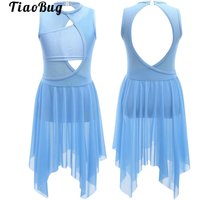 Kids Girls Lyrical Dance Dress Modern Contemporary Costume Hollow Out Back Gymnastics Leotard Flowy Dresses Ballerina Dancewear