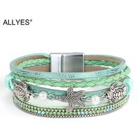 ALLYES Bohemian Pearl Beaded Leather Bracelet for Women Men Starfish Turtle Crystal Chain Bracelets Summer Fashion Beach Jewelry