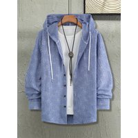 Men's Blue White Stripe Jacquard Hooded Shirt Jacket Spring Fall Loose Casual Cardigan Top
