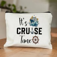“It's Cruise Time” Nautical Cosmetic Bag Watercolor Cruise Ship Anchor & Ship Wheel Print Travel Makeup Pouch for Cruise Lovers
