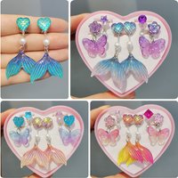 3pair Cute Children Ear Clip Earrings for Girl Without Ear Holes Sweet Mermaid Baby Ear Clip Set