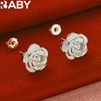 URBABY 925 Sterling Silver Earrings Rose Flower Stud Earrings For Women Wedding Party Fashion Jewelry Gift