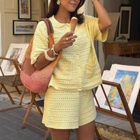 Women's Crochet Knit Shorts Set 2 Piece Outfit Button Down Short Sleeve Top With Pockets Summer Vacation Matching Lounge Wear