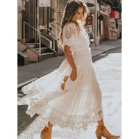 Hollow Out White Summer Women Long Lace Dress Cross Semi-Sheer Plunge V-Neck Short Sleeve Beach Maxi Dress Femme Vestidos