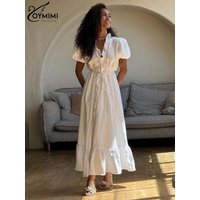 Oymimi Elegant White Cotton Womens Dresses Fashion Short Sleeve V-Neck Lace-Up Dresses Summer Loose Ankle-Length Dress Female