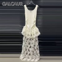 GALCAUR Solid Slimming Spliced 3D Flowers Dress for Women Round Neck Sleeveless Patchwork Folds Midi Dresses Female Elegant New