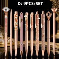 3/8/9pcs Rose Golden Metal Ballpoint Pen Stationery Set Pearl Quicksand Crown Love Artificial Diamond,School&Office Supply Gifts