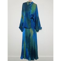 Retro geometric print lapel loose shirt two-piece set for spring women's wear+elastic waisted pleated wide leg pants set